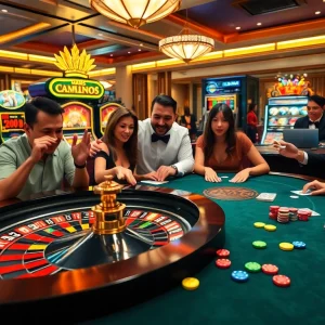 Excited players enjoying casino games at the cm88 gaming table with vibrant roulette wheel.