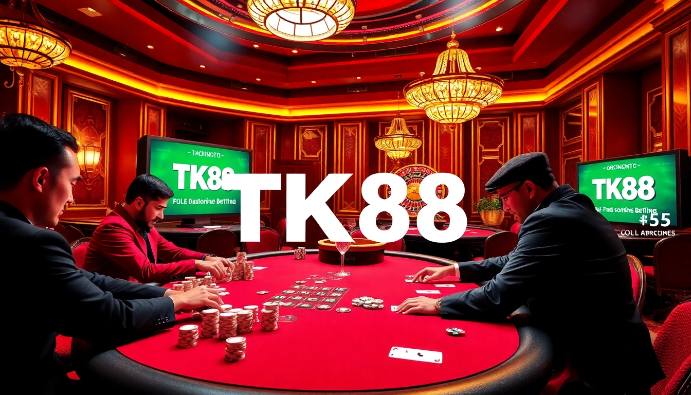 Players strategizing at a high-stakes poker table with TK88 theme, showcasing excitement and elegance.