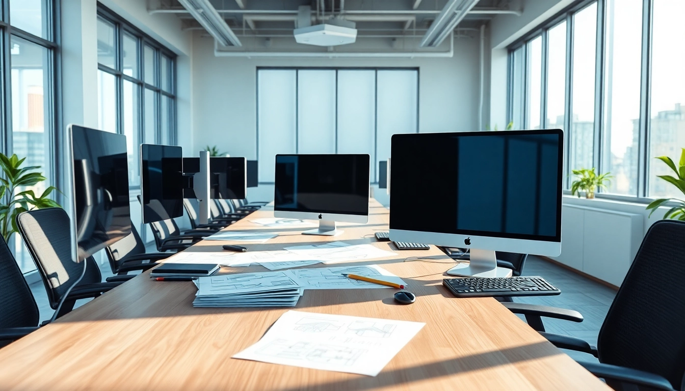 Showcase of web development services in a modern office setting with tech designs.