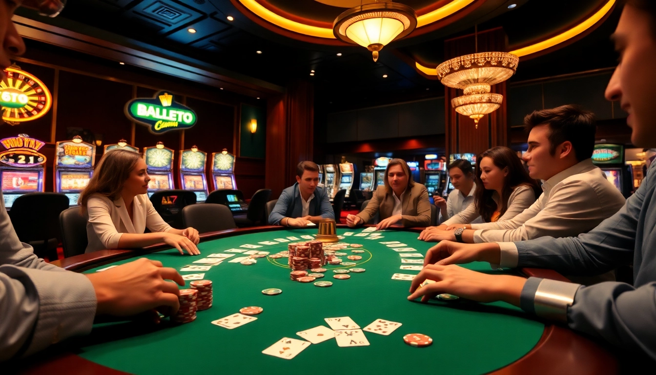 Experience thrilling gambling excitement at https://f168.blue/ with an elegant casino scene featuring poker and roulette tables.