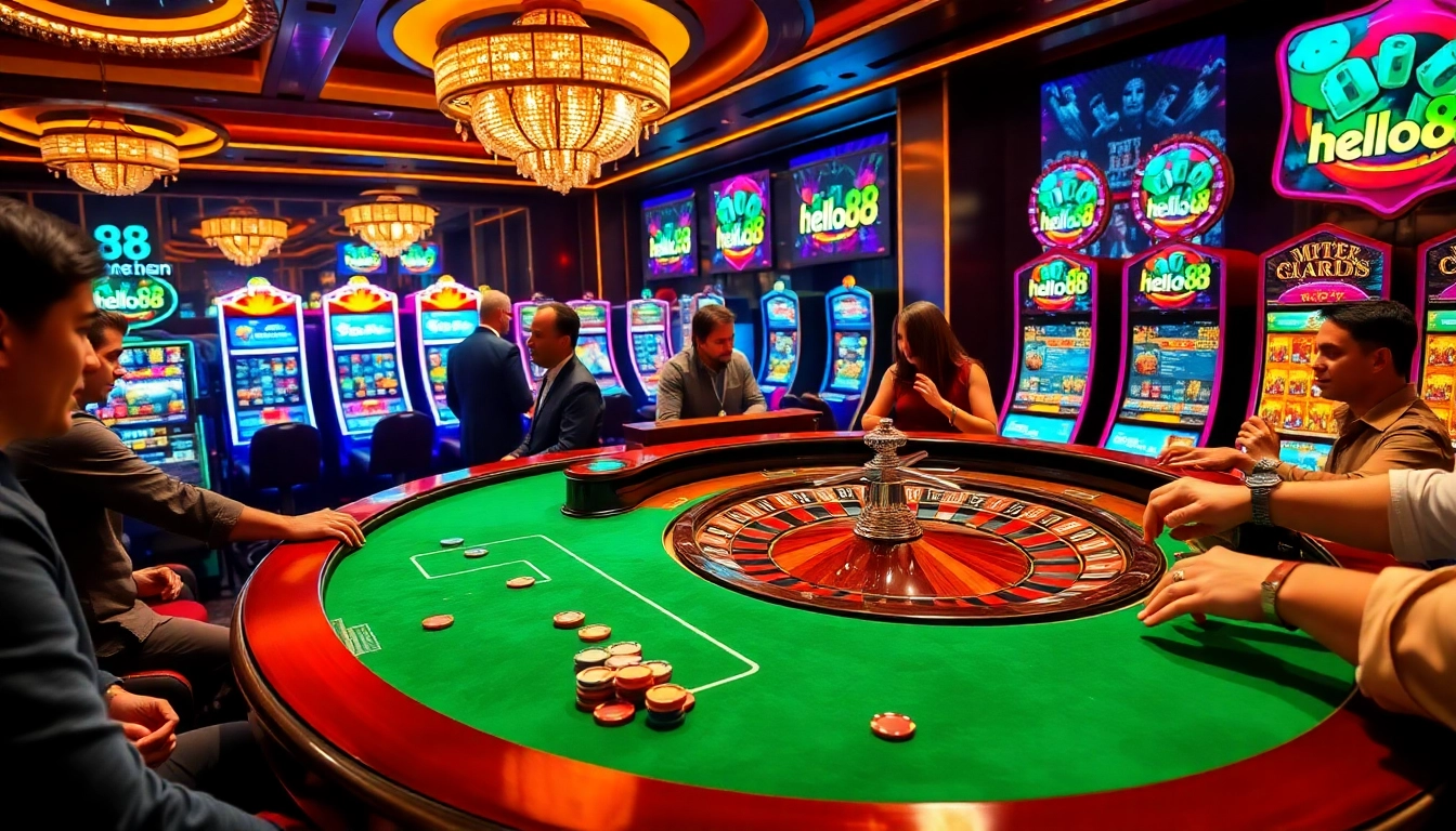 Hello88 casino scene showcasing roulette table with colorful chips and excited players placing bets