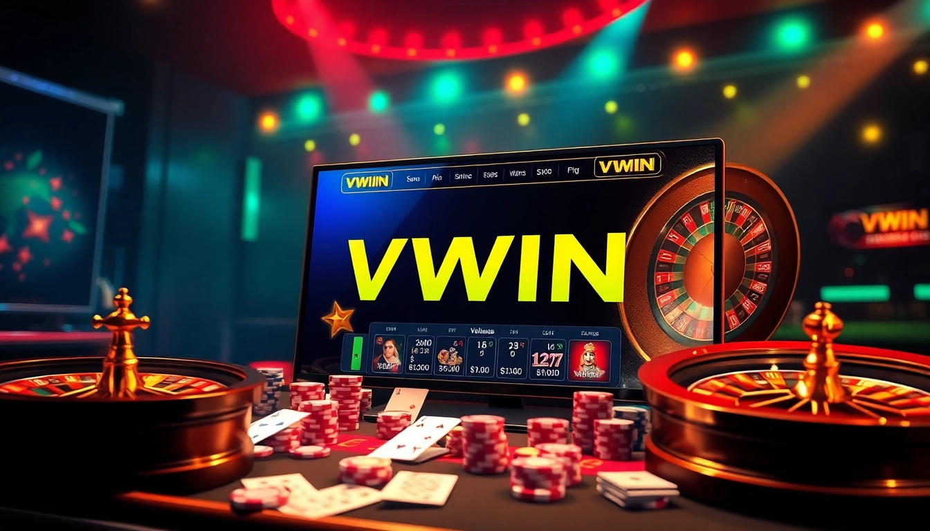 Experience the excitement of online gambling with a stylish interface showcasing đăng nhập VWIN, casino slots, and poker tables.