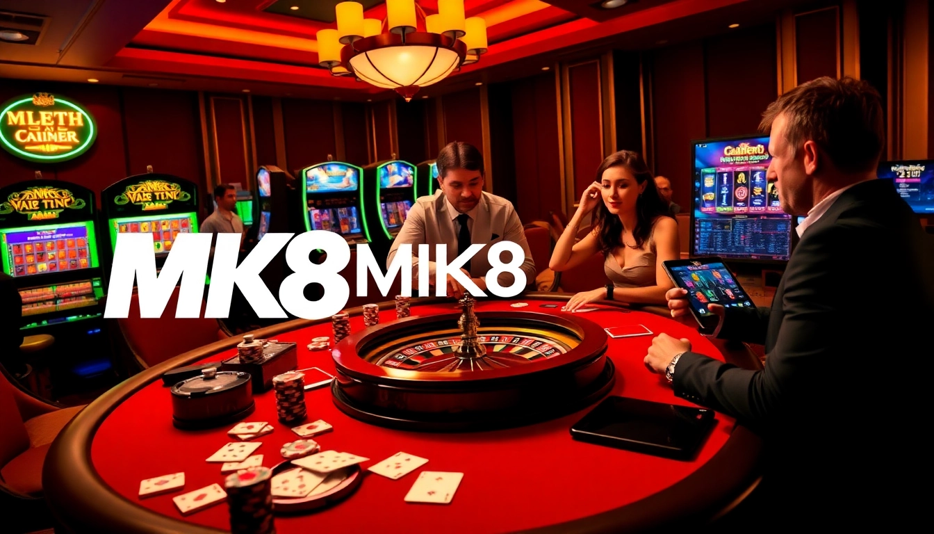 Gamblers enjoy an MK8 branded casino experience with strategic table games and vibrant atmosphere.