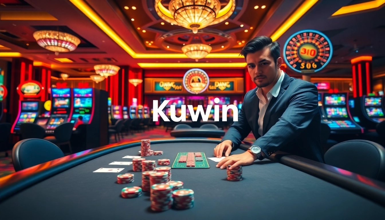 Kuwin casino scene with vibrant poker table and illuminated slot machines, capturing gambling excitement.