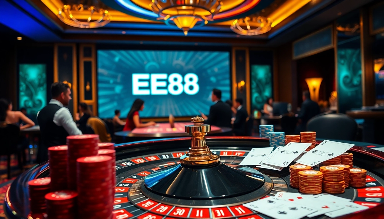Charming scene of a lively casino with players enjoying games at the EE88 roulette table.