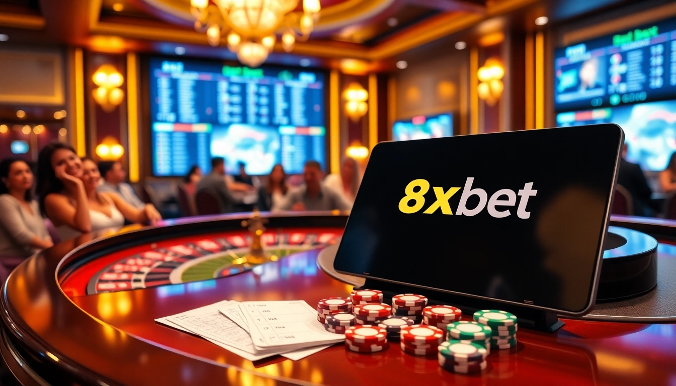 Engaged players enjoy betting strategies at a roulette table with 8xbet branding.