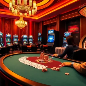 Experience thrilling poker action at VMAX casino with luxurious tables and vibrant slot machines.
