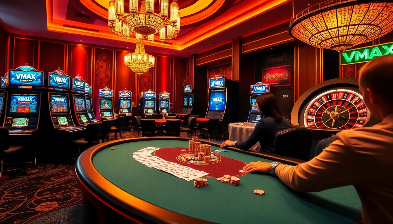 Experience thrilling poker action at VMAX casino with luxurious tables and vibrant slot machines.