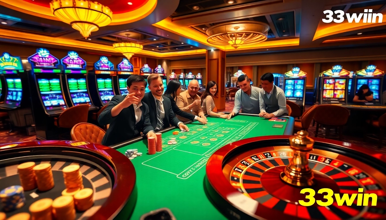Exciting blackjack action at 33win casino with vibrant chips and roulette wheel.