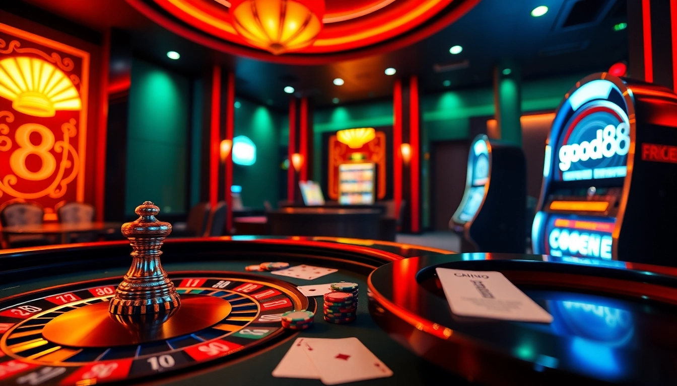 Experience thrilling gameplay with good88 at a vibrant casino table featuring roulette and poker.