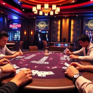 Experience the thrill of casino action at https://www.6l777.vip/ with players engaging at a poker table.