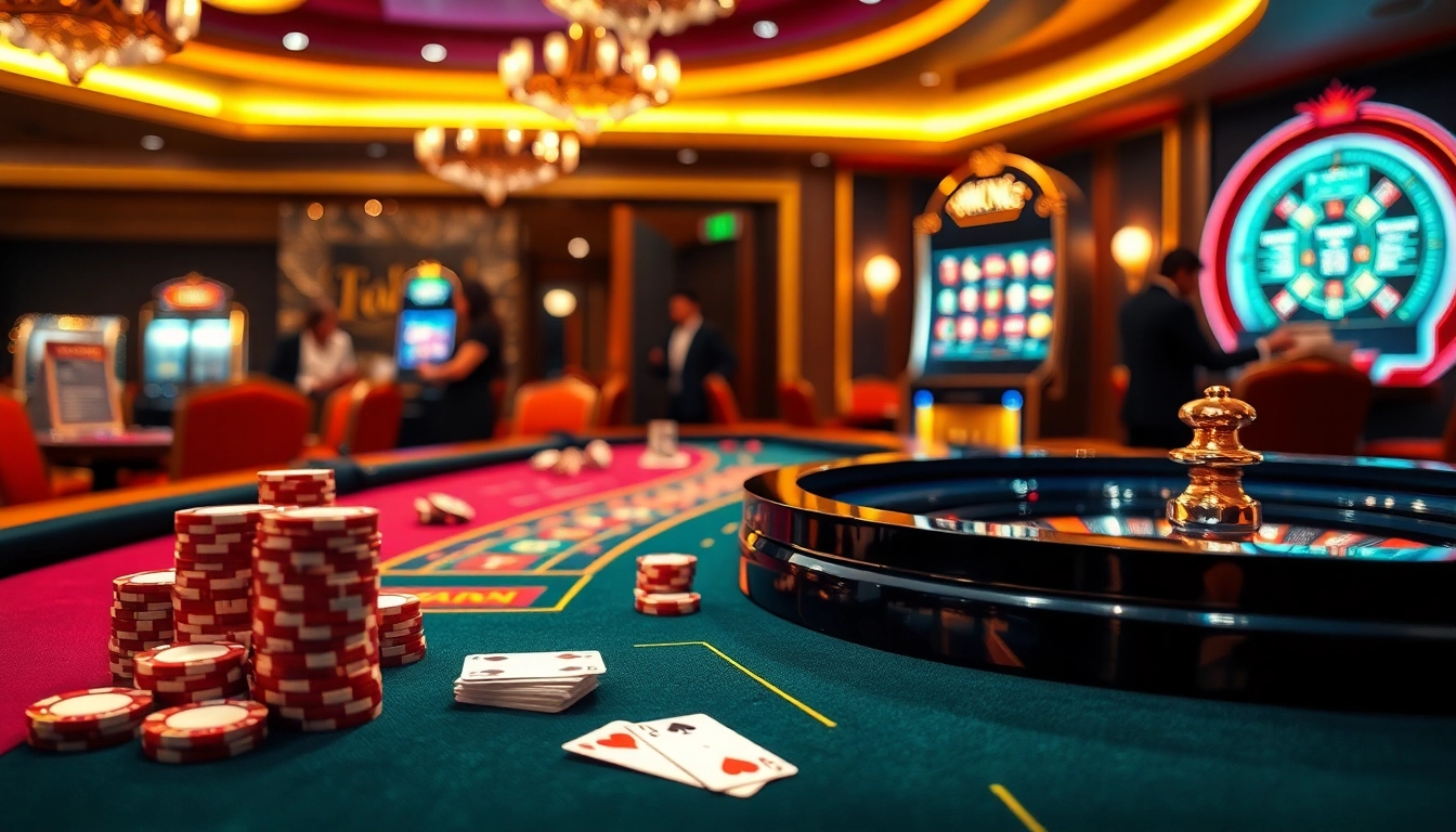 Players strategize at mk8th.net's high-end casino table with vibrant chips and cards.