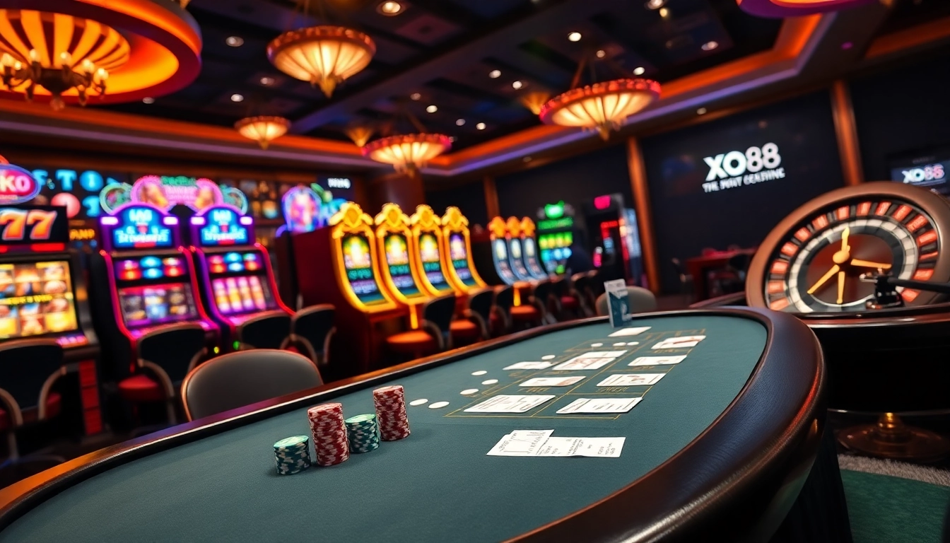 Experience high-stakes betting at XO88 with vibrant poker tables and thrilling slot machines.