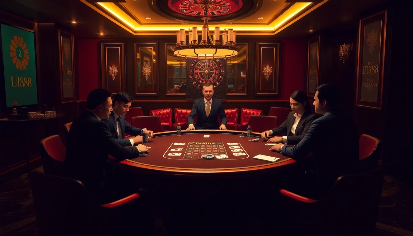 Experience high-stakes poker at UU88 with elegant players and luxurious casino ambiance.