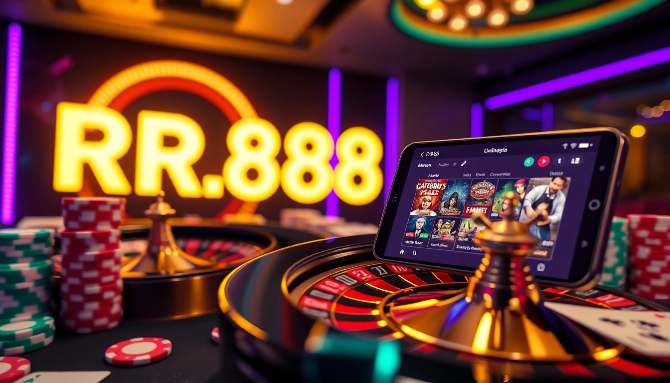 Experience the thrill of gambling at RR88 with vibrant casino visuals featuring roulette and poker.