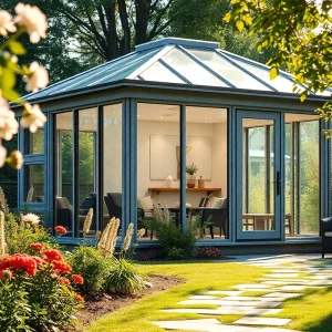 Sunroom install featuring a modern glass sunroom surrounded by a vibrant garden.