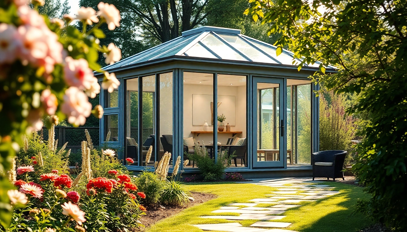 Sunroom install featuring a modern glass sunroom surrounded by a vibrant garden.