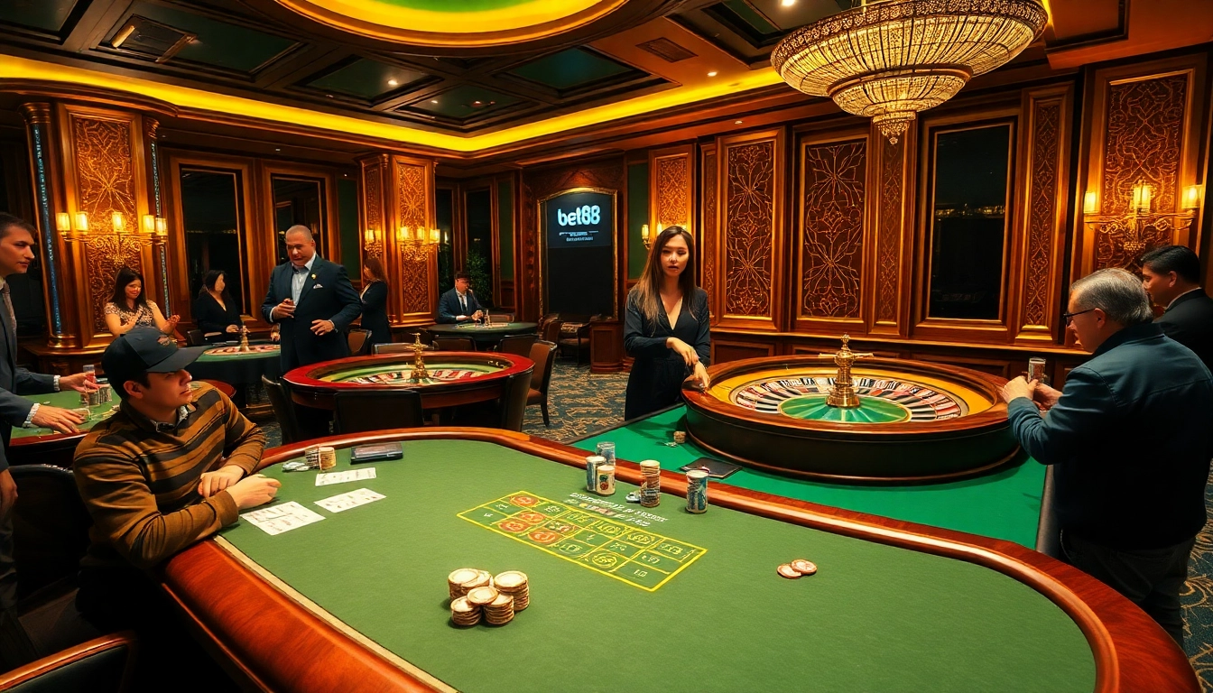Bet88 casino atmosphere featuring poker tables and roulette wheels for thrilling gaming experiences.