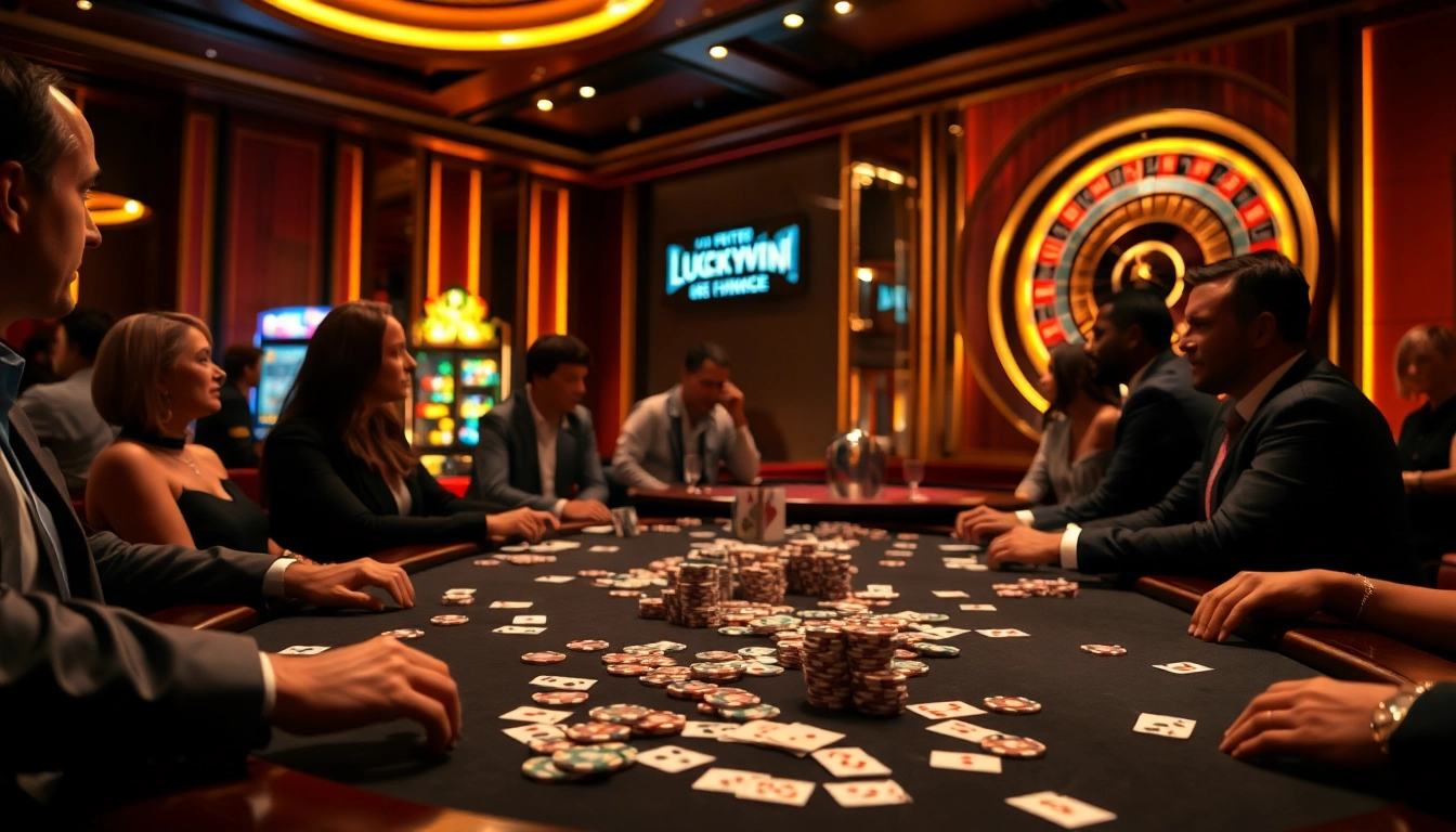 Players enjoying a high-stakes game at LUCKYWIN casino table amidst vibrant slot machines.