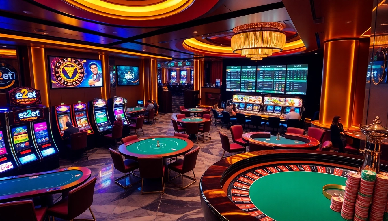 E2bet gaming excitement with players at poker tables and vibrant casino visuals.