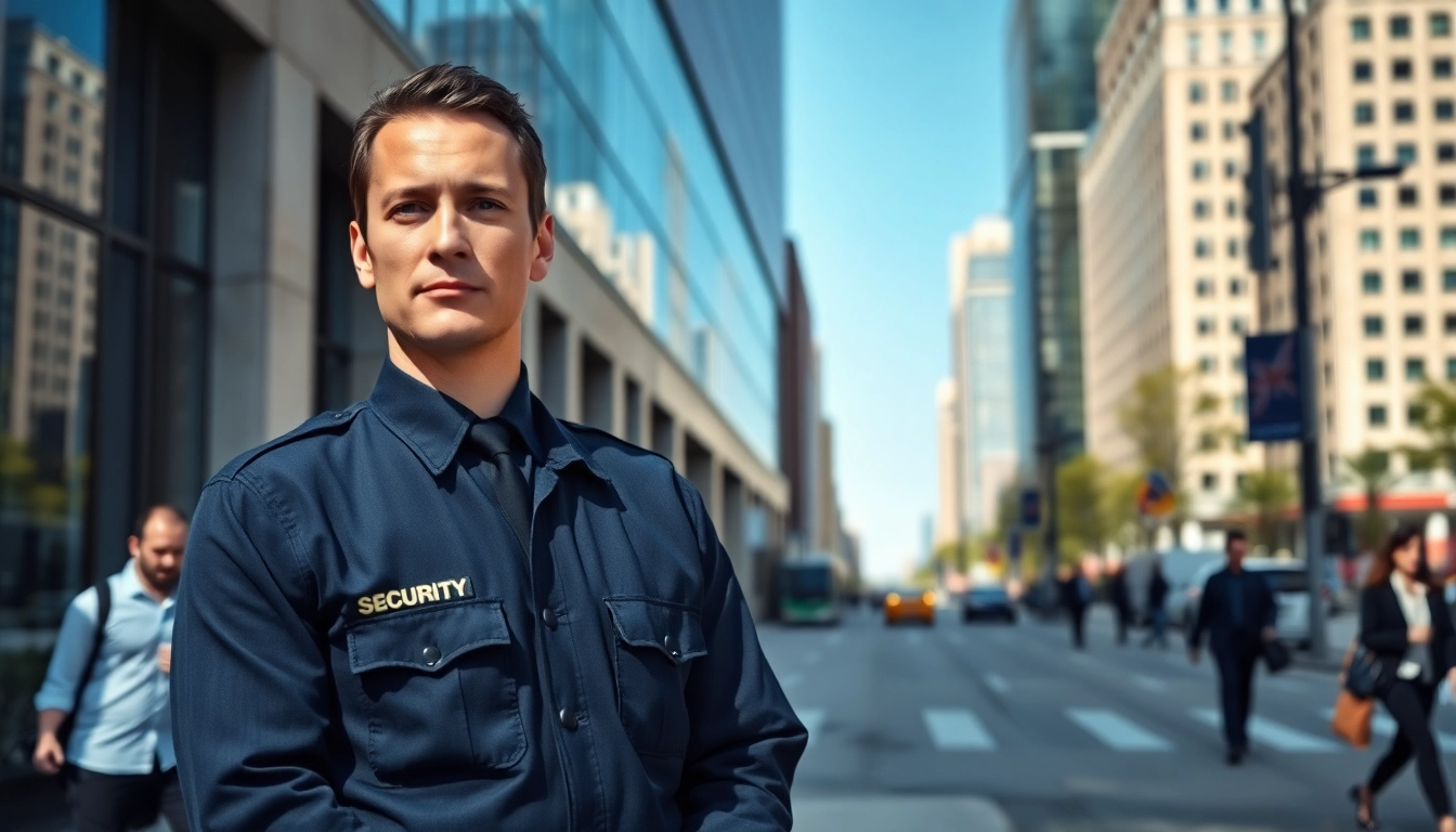 Hire security guard standing confidently in an urban setting, ensuring safety in the bustling city.