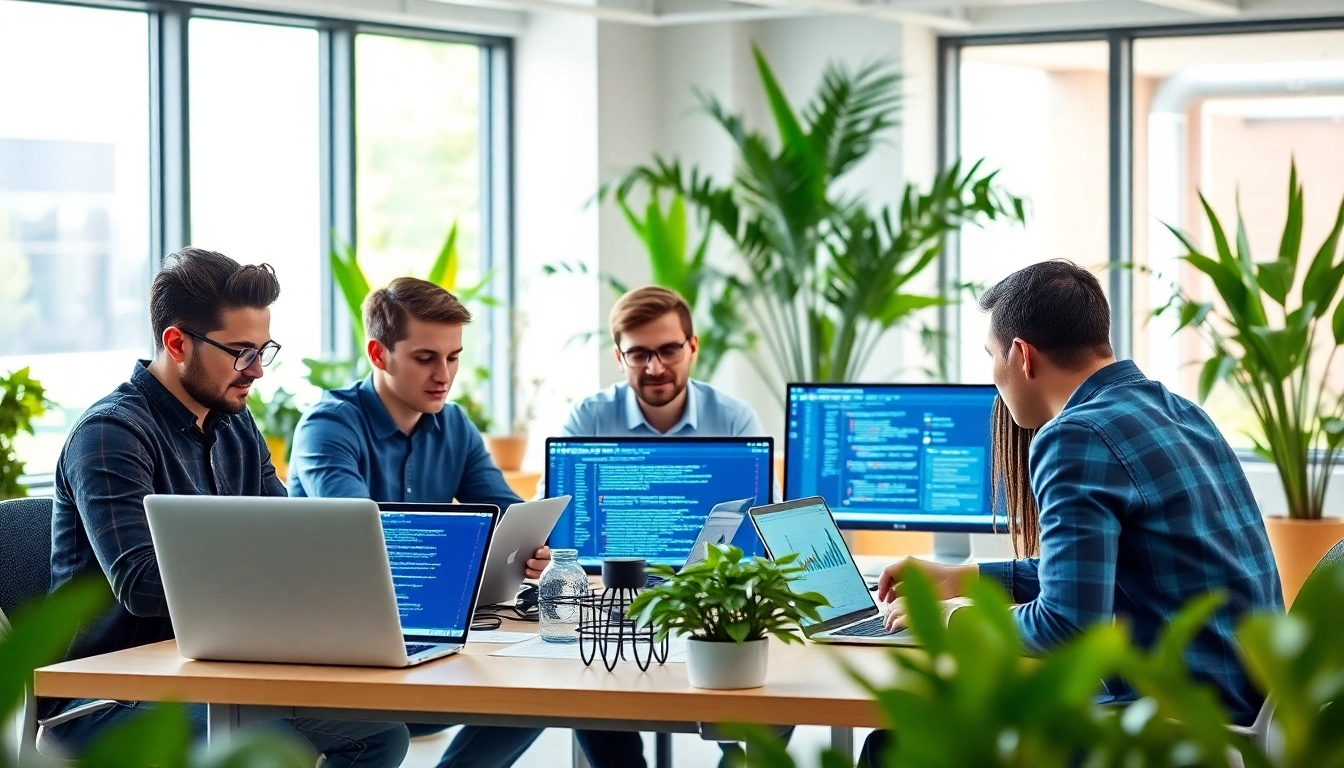 Showcasing web development services team's collaborative work process in a modern office.