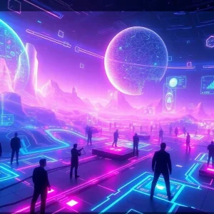 Dynamic gaming environment showcasing advanced game AI technology in a vibrant digital landscape.