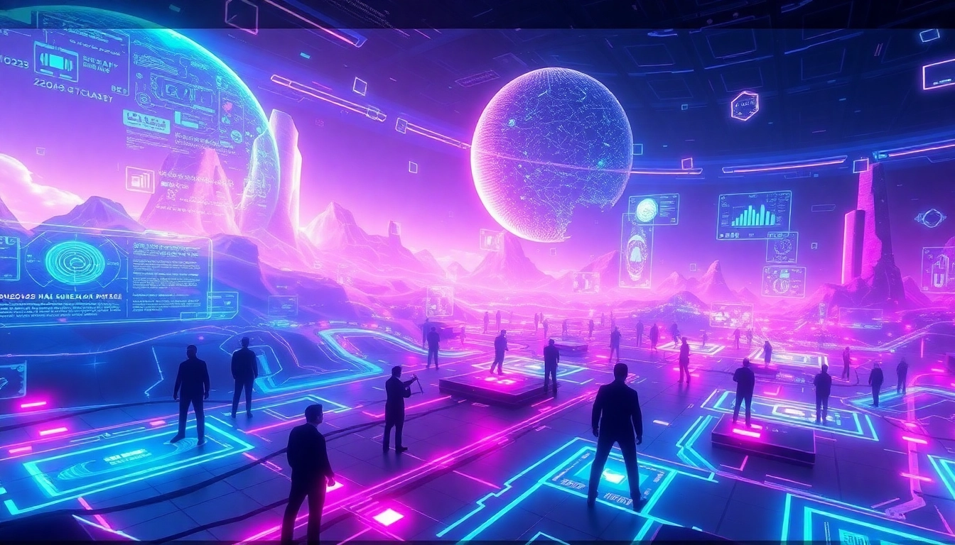 Dynamic gaming environment showcasing advanced game AI technology in a vibrant digital landscape.