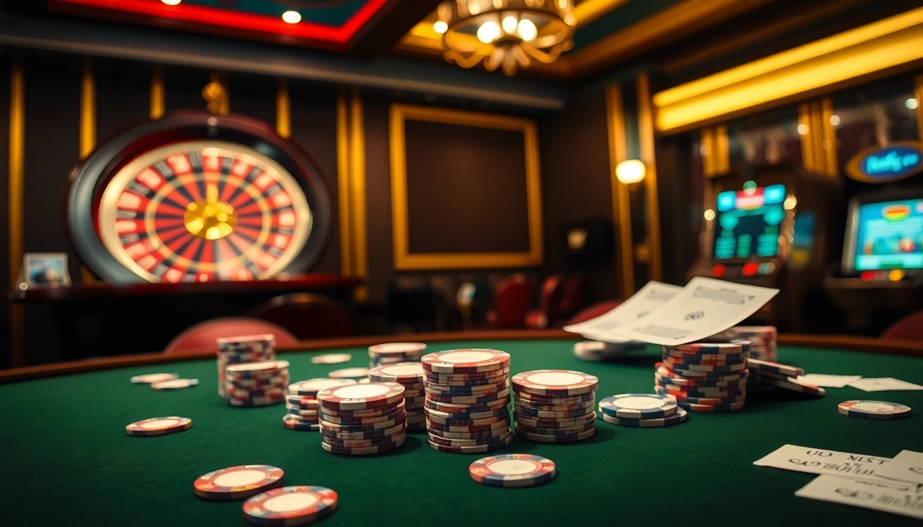 Engage with high-stakes poker at https://xx88.channel/ featuring vibrant chips and an exciting roulette backdrop.