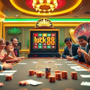Experience the thrill of luck88 at a luxurious online casino featuring vibrant tables and exciting slots.