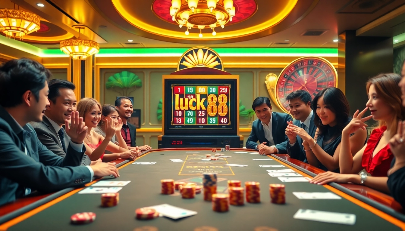 Experience the thrill of luck88 at a luxurious online casino featuring vibrant tables and exciting slots.