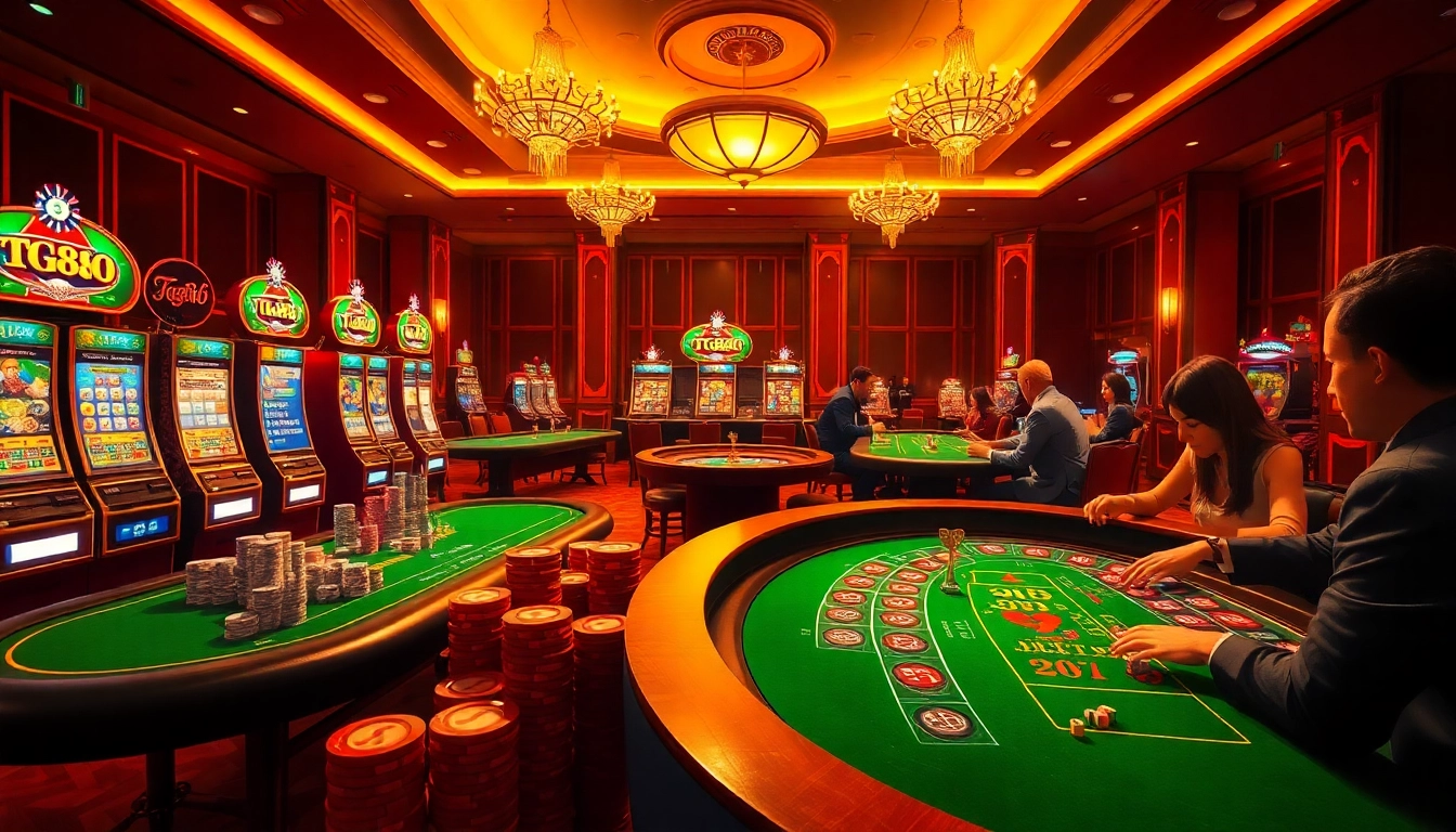 Experience thrilling gameplay at Tg88.com with vibrant casino tables, poker chips, and slot machines.