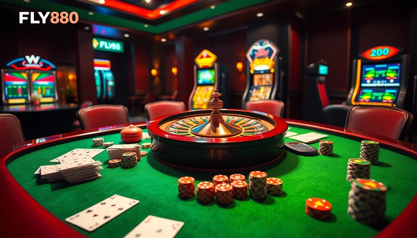 Play cards with FLY88 at an elegant casino table with vibrant chips and a roulette wheel.