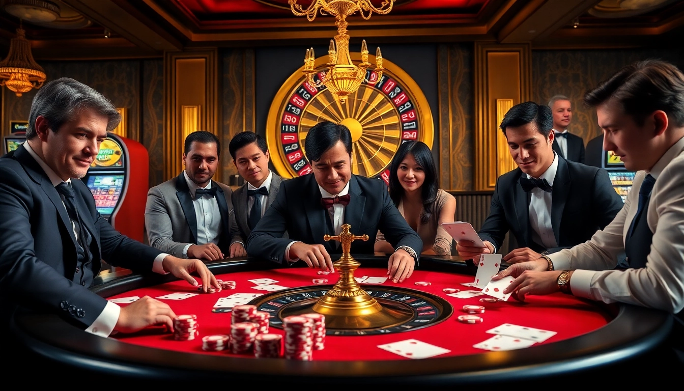 Engaging poker players at a luxury casino table showcasing https://uu88games.com/ thrilling betting action.