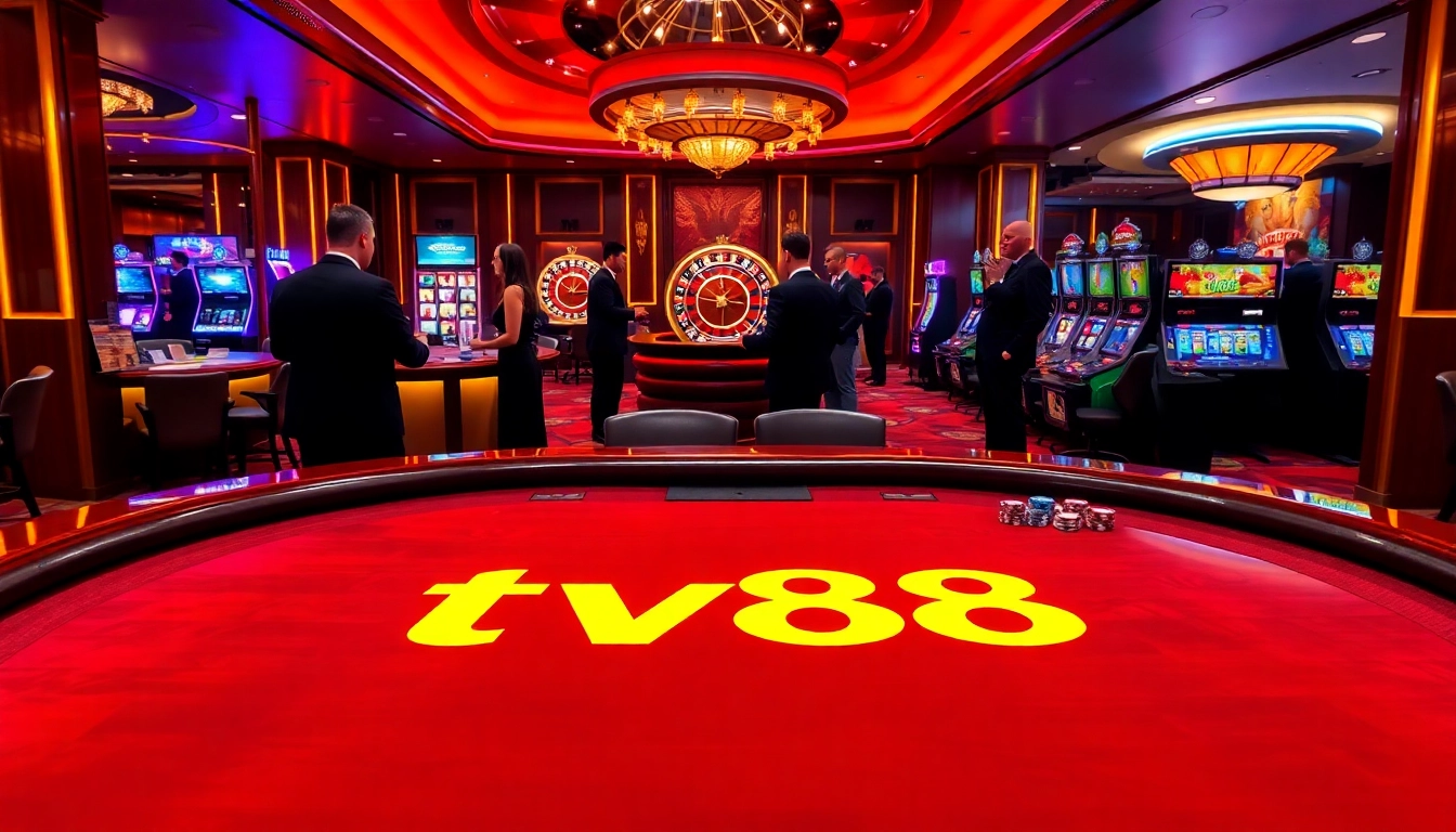 TV88 poker table filled with chips as players engage in gambling excitement.