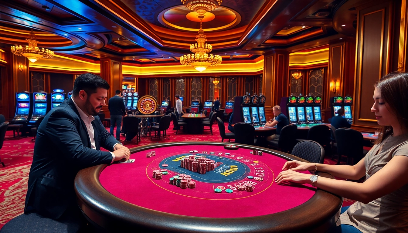 Experience thrilling rr88 đăng nhập at a luxurious casino with vibrant games and poker tables.