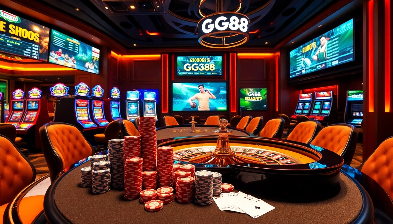 Players enjoying the thrilling GG88 casino experience with vibrant gaming tables and screens.