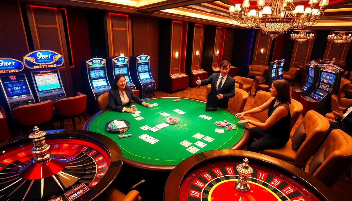 Exciting players engage with the 9BET online casino interface at a luxurious poker table.
