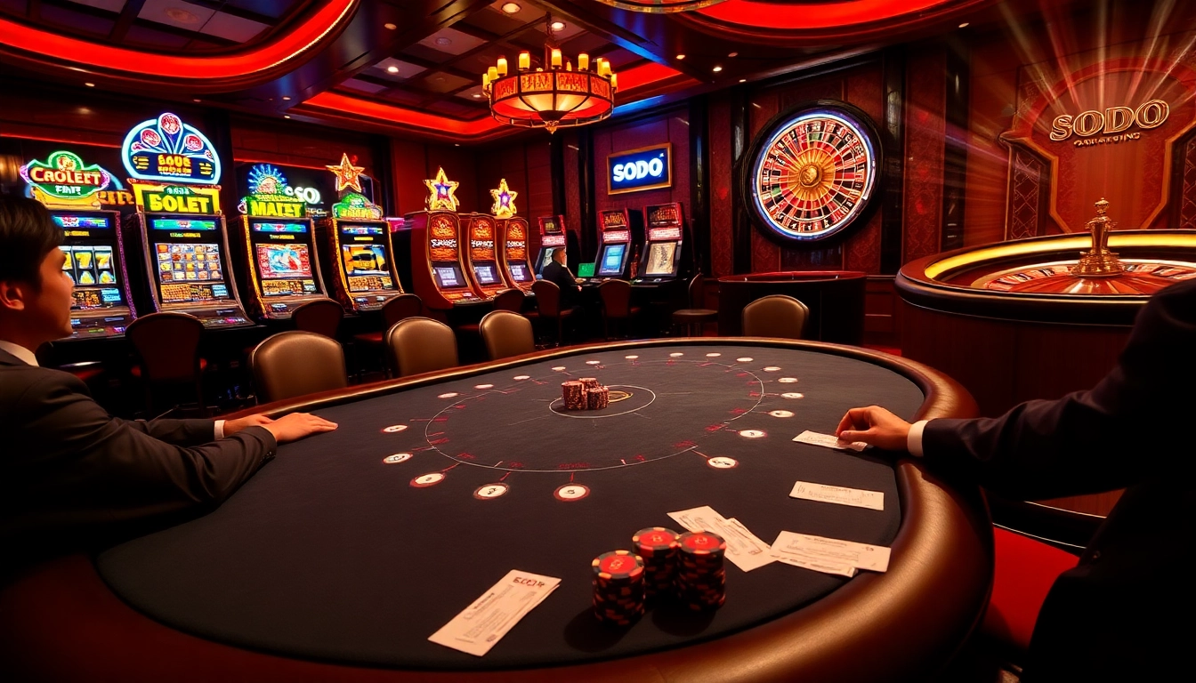 SODO-themed casino scene with players at a poker table, vibrant slot machines, and roulette wheel.