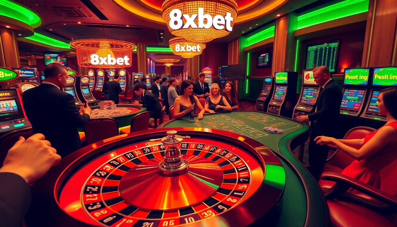 Experience the excitement of gambling at 8xbet with players enjoying a vibrant casino atmosphere.