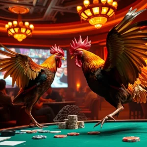 Live betting on đá gà trực tiếp with thrilling roosters in a professional gambling setting.