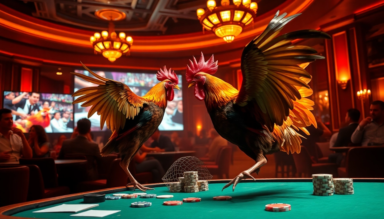 Live betting on đá gà trực tiếp with thrilling roosters in a professional gambling setting.