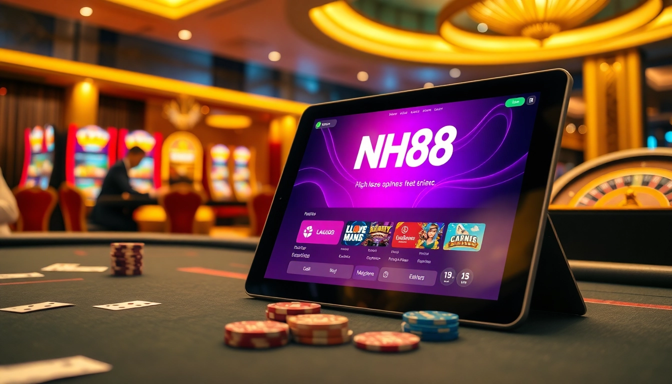 Exciting NH88 online gambling interface highlighting professional poker play and casino ambiance.