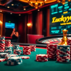 Experience the thrill of gameplay at Luckywin's luxurious casino setup with poker and roulette.