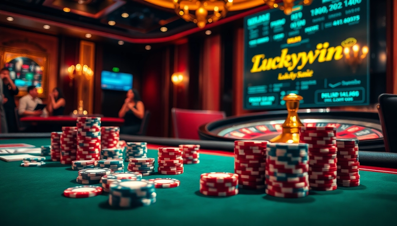Experience the thrill of gameplay at Luckywin's luxurious casino setup with poker and roulette.