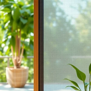 A sliding pleated fly screen door featuring smooth mesh fabric and a wooden frame, ideal for home entryways.