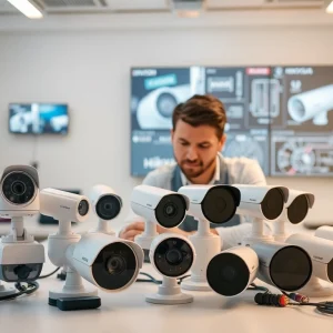 Instalación de soporte técnico en cámaras de seguridad en un entorno profesional con tecnología moderna.