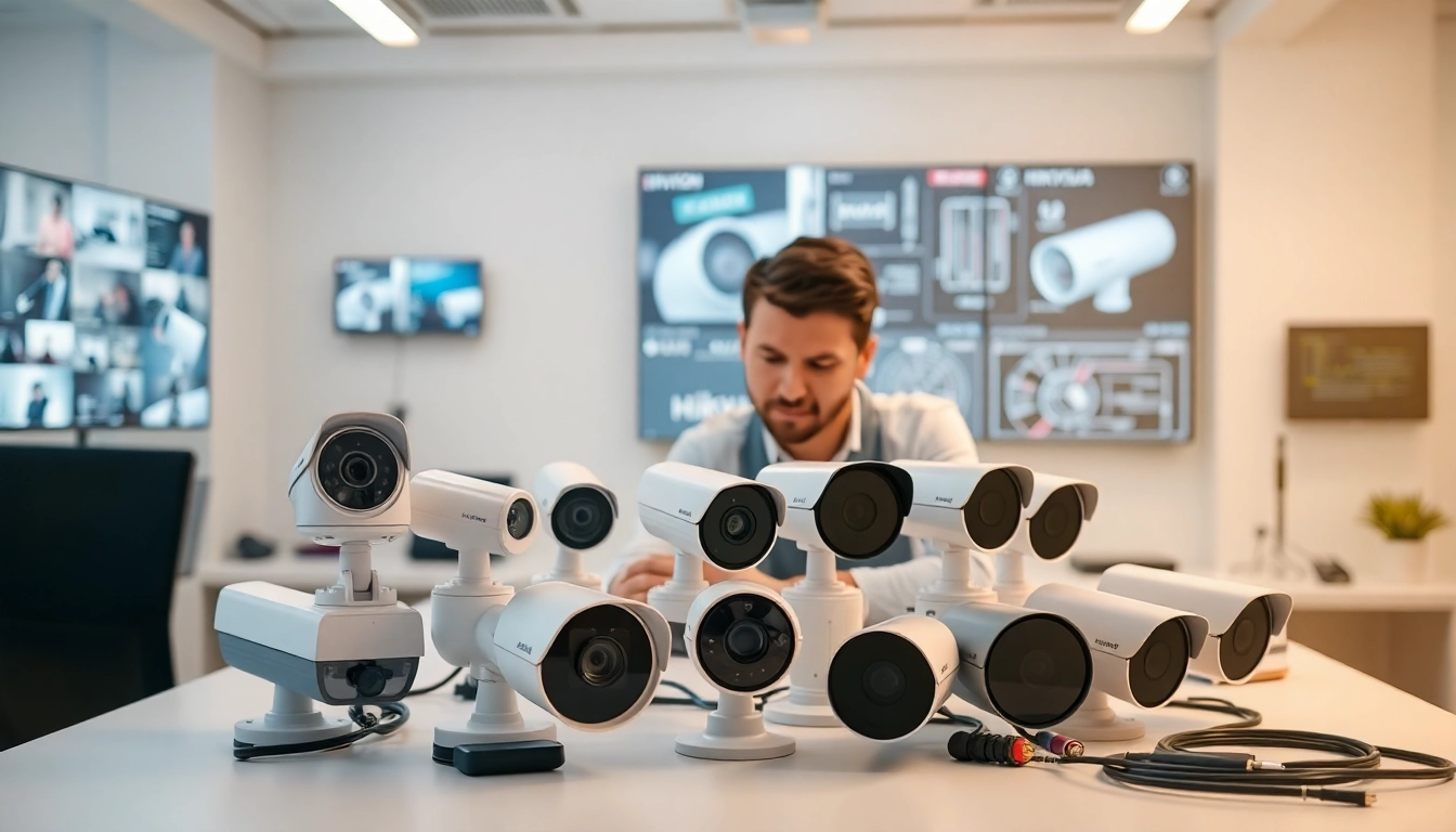 Instalación de soporte técnico en cámaras de seguridad en un entorno profesional con tecnología moderna.
