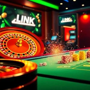 Experience the thrill of LINK S8 with a vibrant online casino scene featuring roulette, dice, and poker chips.