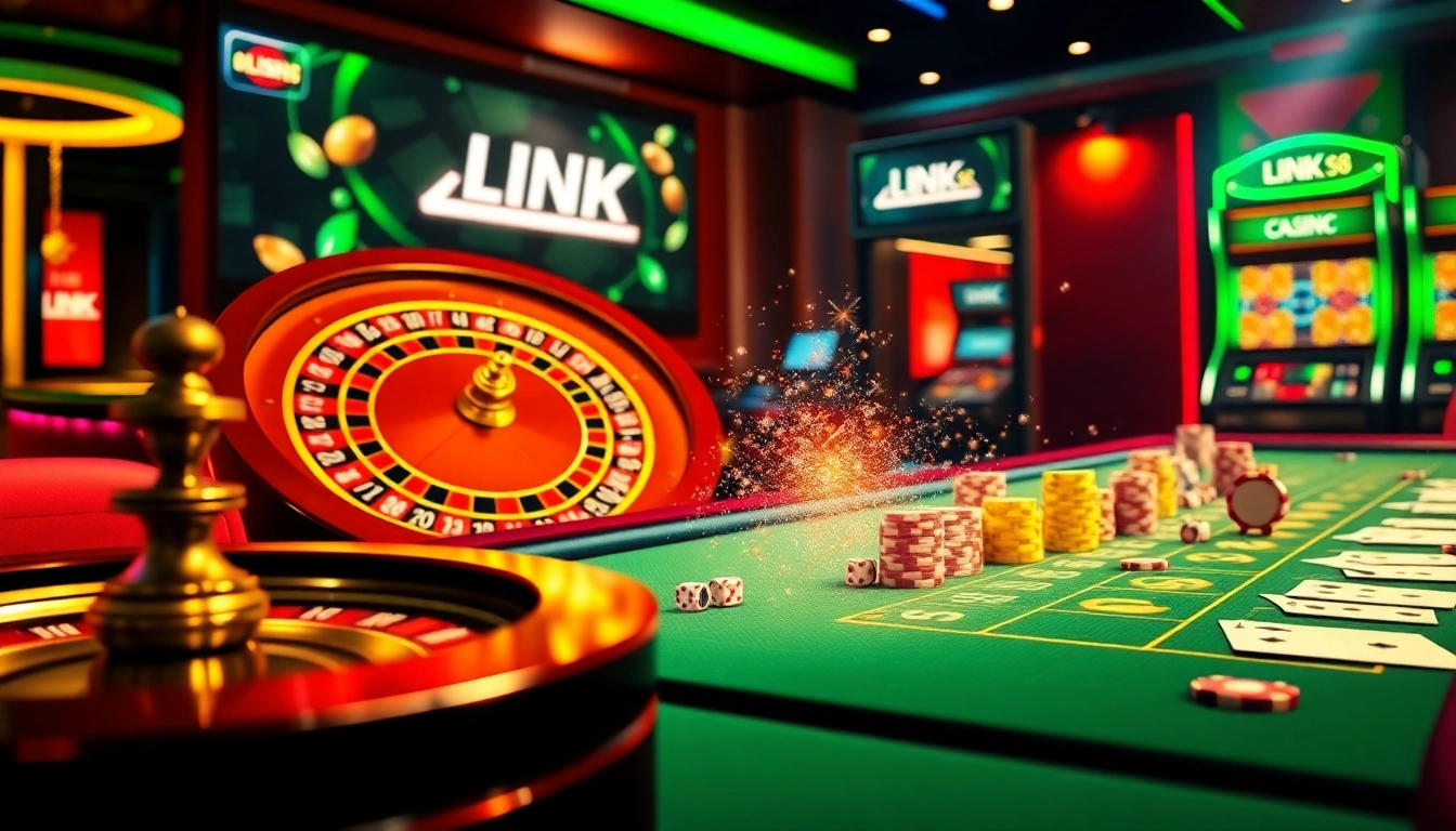 Experience the thrill of LINK S8 with a vibrant online casino scene featuring roulette, dice, and poker chips.